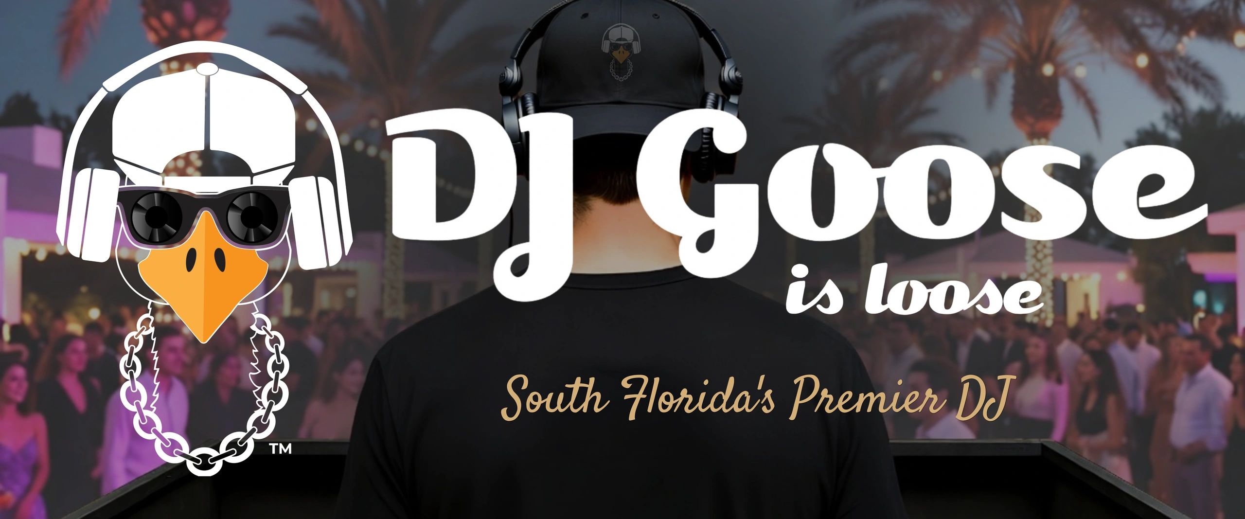 DJ Goose logo with a person wearing headphones in a lively party scene.