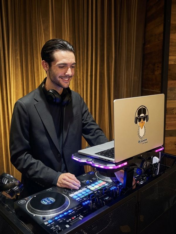 Smiling DJ in black suit mixing music on a modern DJ controller with laptop.