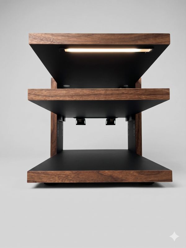 Modern wooden and black shelf with built-in light under the top panel.