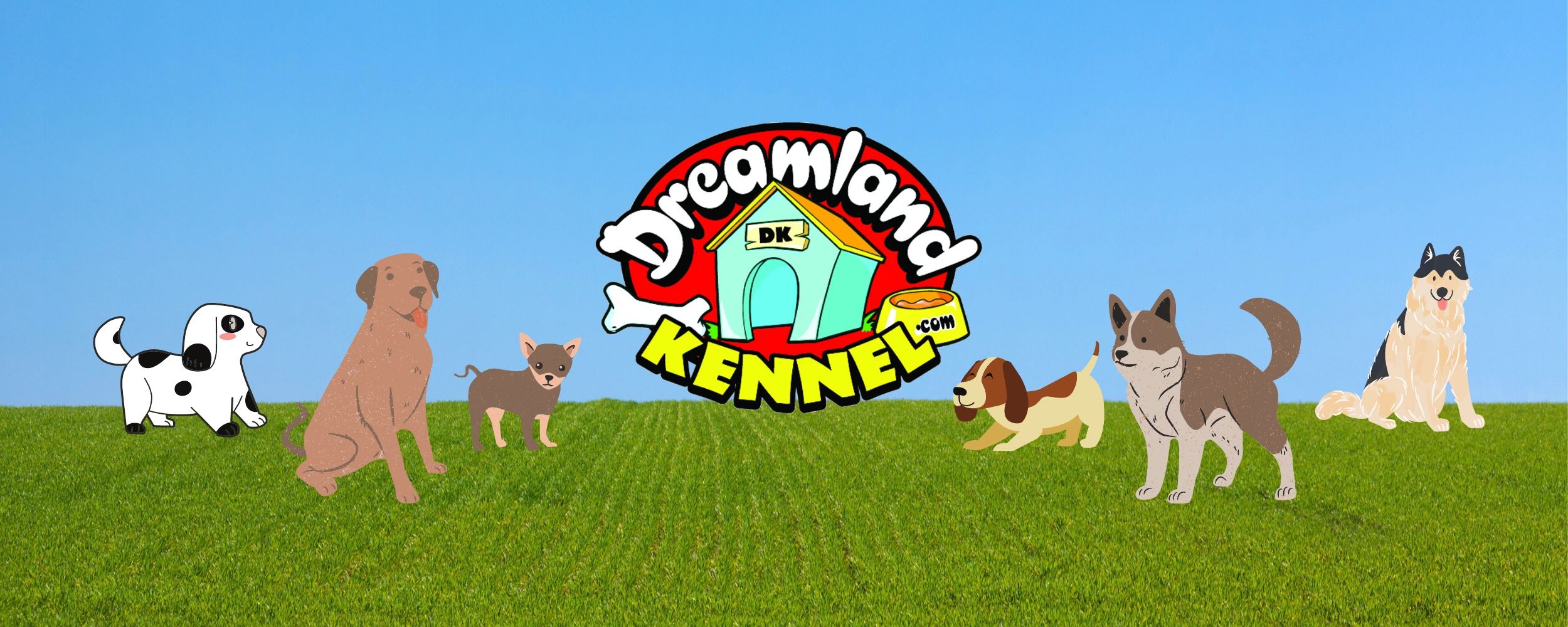Cartoon dogs surrounding Dreamland Kennel logo on grass.