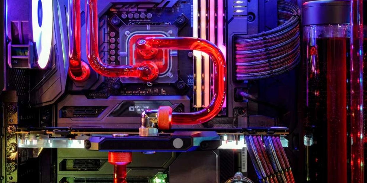look at the components assembled in a gaming computer case with lighting