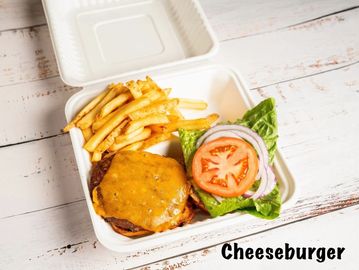 Cheeseburger with fries in a takeaway container.
