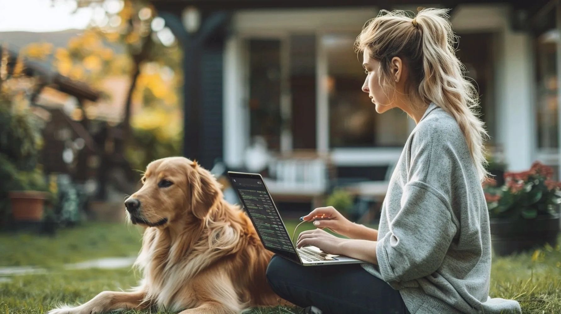 A woman finds comfort in the company of her golden retriever as she focuses on her laptop.
