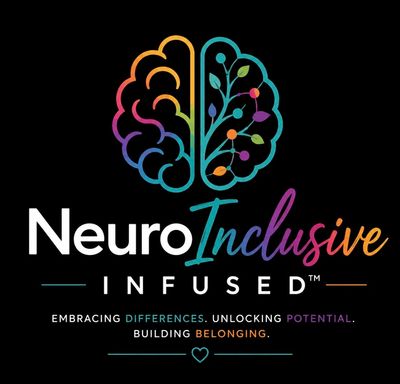 Colorful brain illustration with 'NeuroInclusive Infused' text and a message about embracing differences and potential.