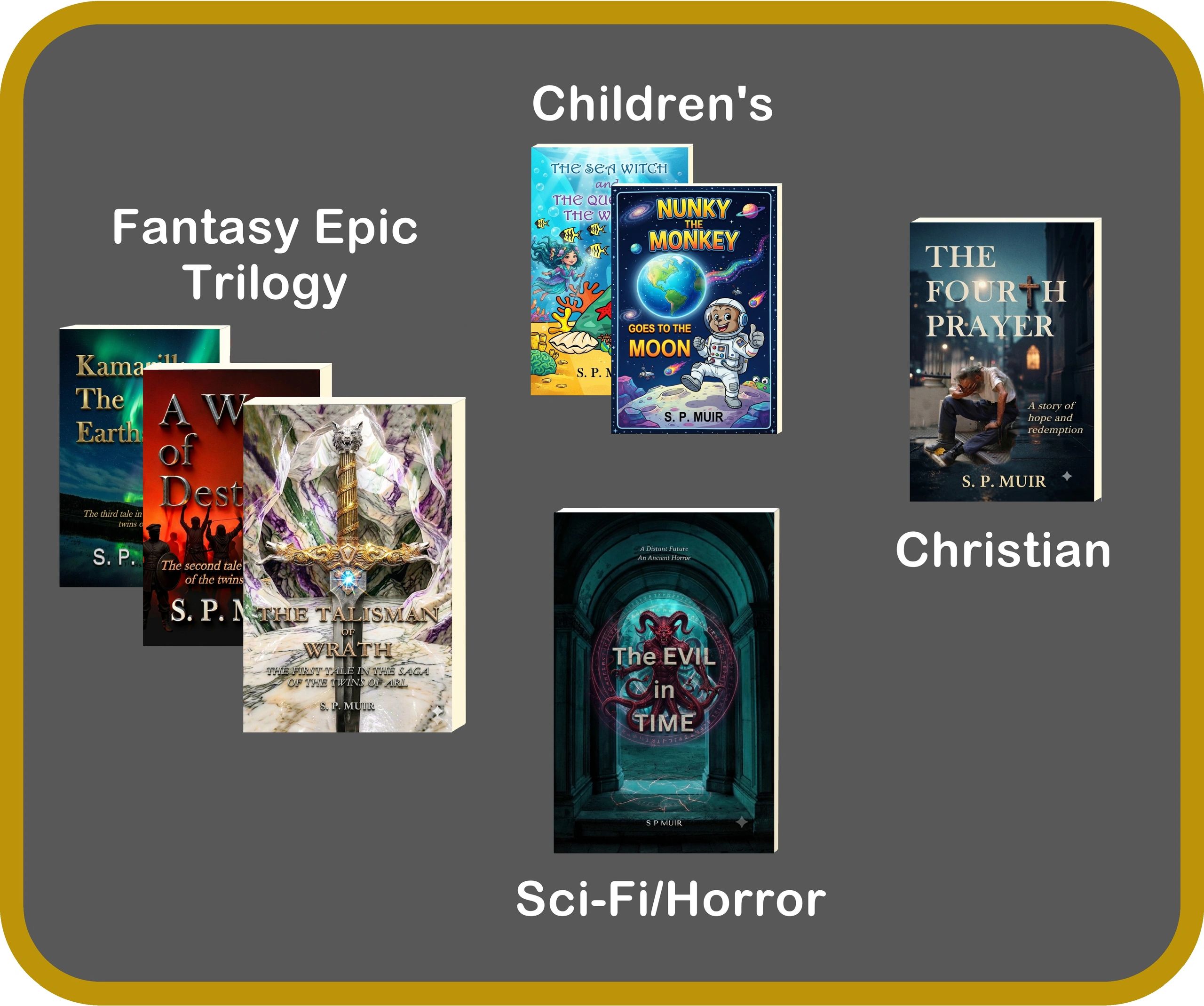 Image shows different book series by S.P. Muir in Fantasy, Children's, Christian, and Sci-Fi/Horror genres.