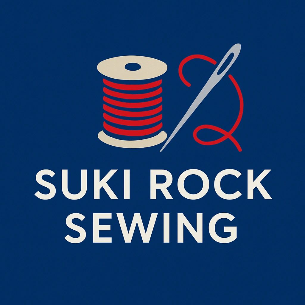 Logo showing a spool of red thread and a needle forming the number 12, with 'Suki Rock Sewing' text.
