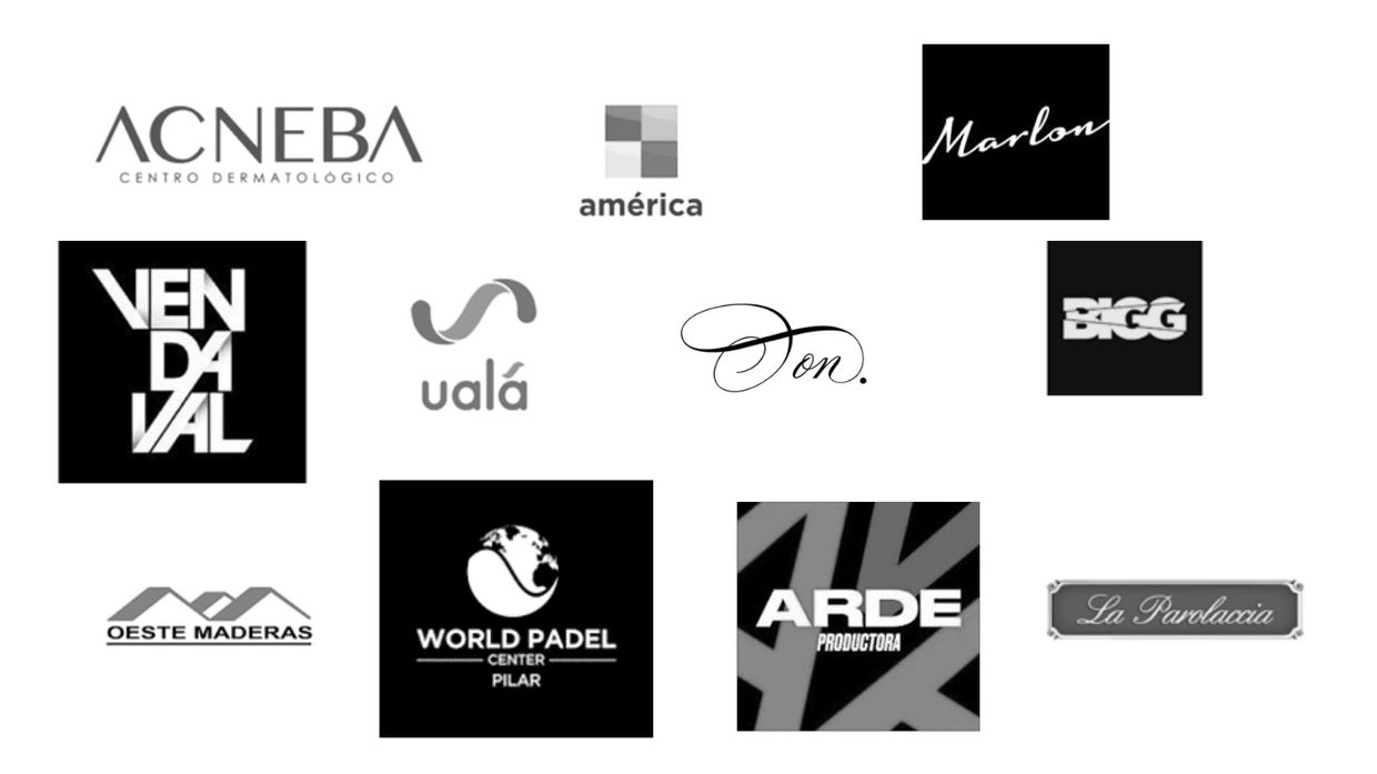 A collection of diverse company logos in black and white.