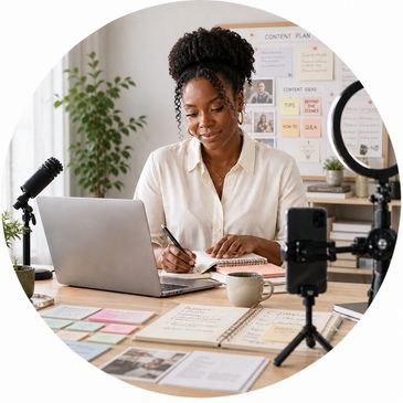 Woman working at a desk with a laptop and smartphone on a tripod.