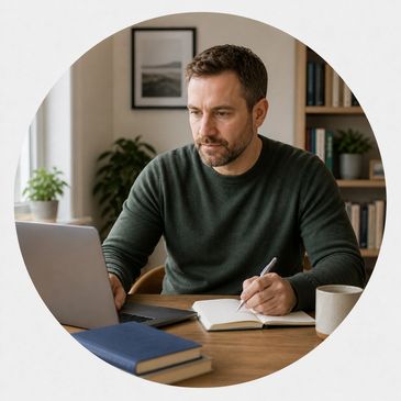 Man working on laptop and taking notes at home desk.