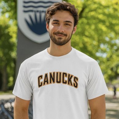 A guy wearing a Vancouver Canucks Flying Skate home white shirt 