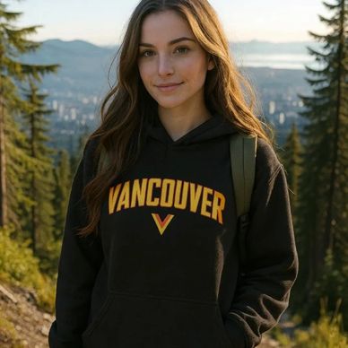 A girl wearing a Vancouver Canucks Flying Skate hoodie with Vancouver and the Flying V on the front 