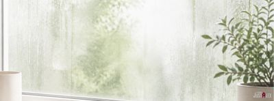 Condensation blurs a window, showing a plant and a cup inside.