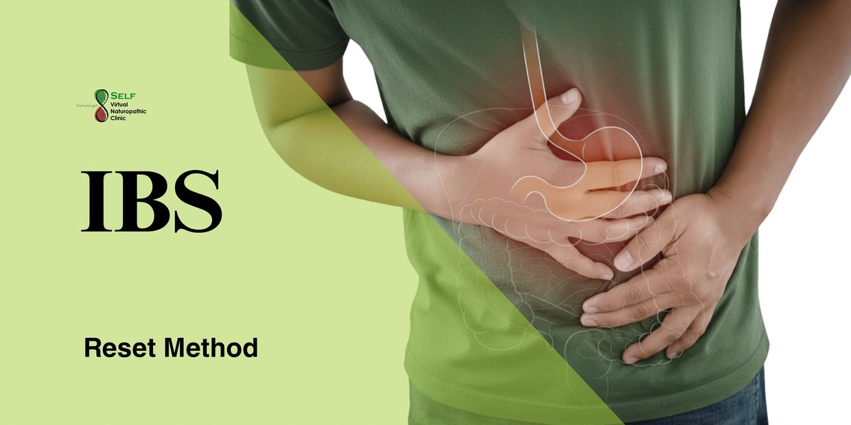 Person clutching stomach in pain, highlighting IBS Reset Method by Self Virtual Naturopathic Clinic.