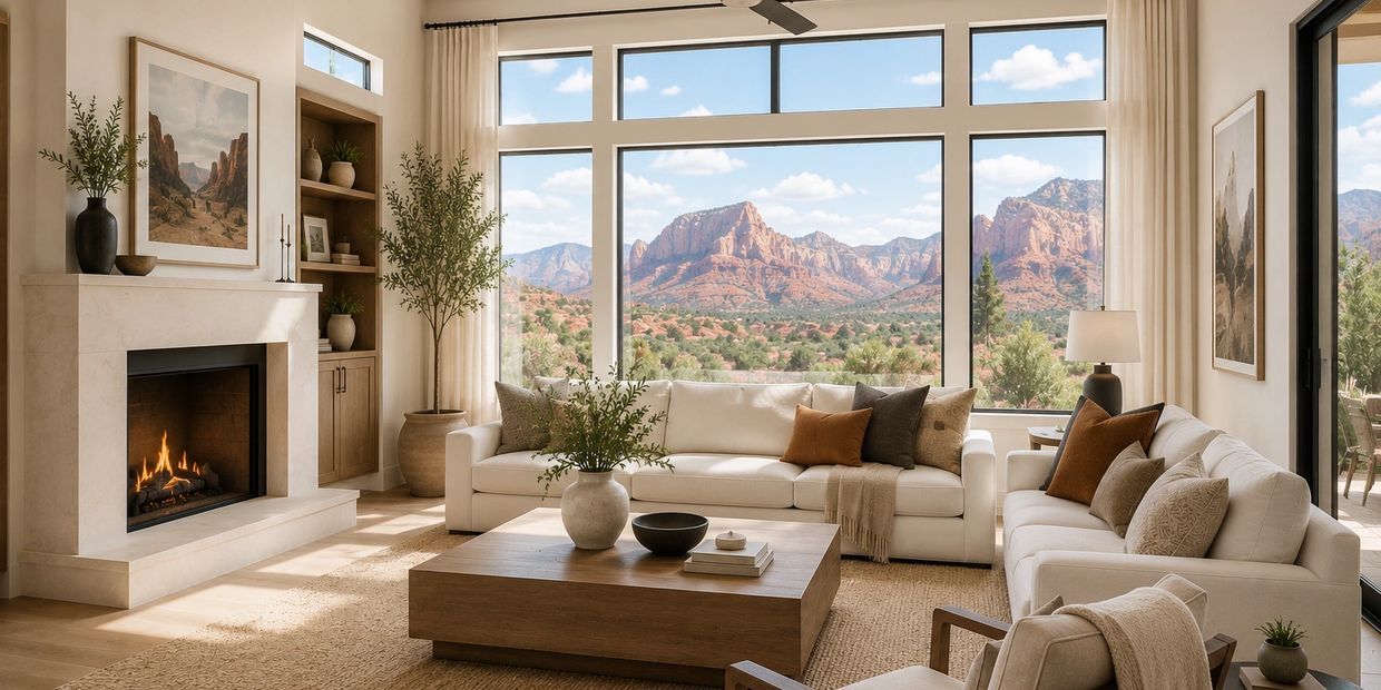 Cozy living room with large windows overlooking a scenic mountain view.