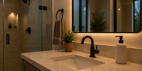 Modern bathroom sink with black faucet and warm lighting.