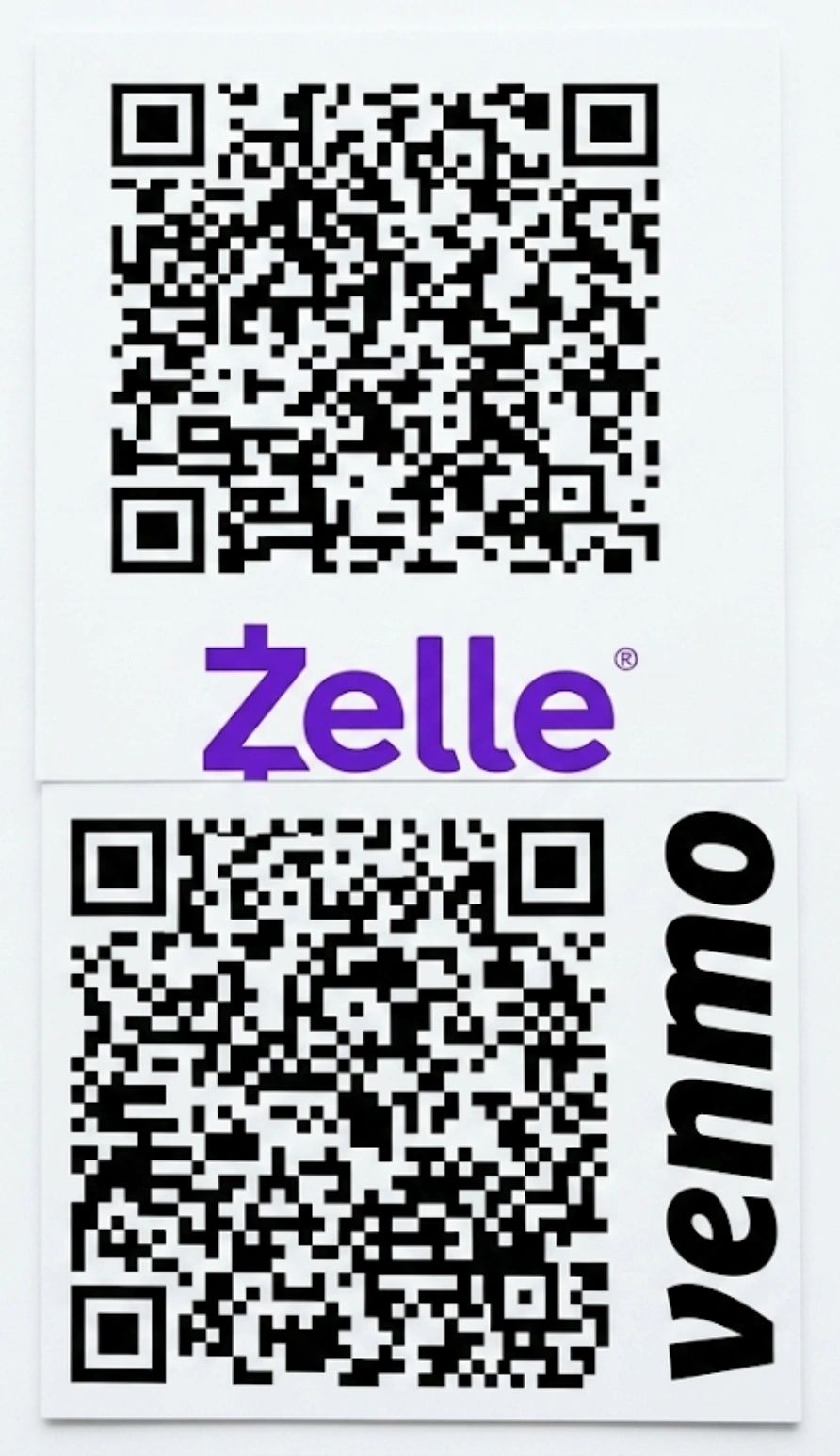 Two QR codes labeled Zelle and Venmo for digital payments.