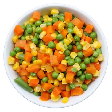 A bowl of mixed colorful vegetables including carrots, peas, corn, and green beans.