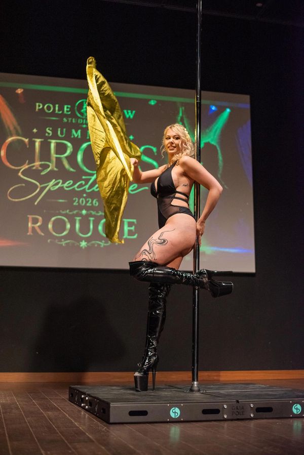 Student Pole and Aerial Hoop performer showcasing artistry strength, confidence and fitness growth