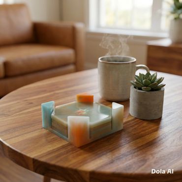 A cozy wooden table with a steaming mug, a succulent plant, and a colorful ashtray.
