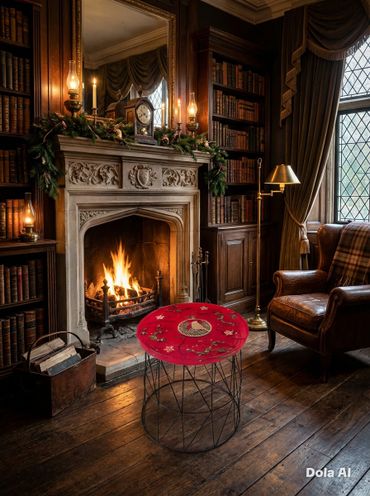 Cozy library corner with a roaring fireplace and leather armchair.