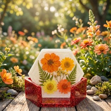 Hexagonal resin art with pressed orange and yellow flowers, set in a glittery red stand outdoors.