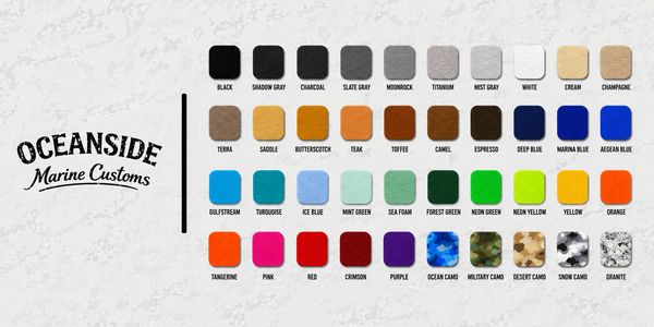 Color swatches of various marine custom fabrics by Oceanside Marine Customs.