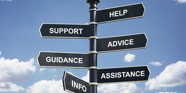 Directional signpost with words like Help, Support, Advice, Guidance, Assistance, and Info.
