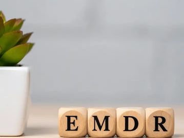Wooden blocks spelling EMDR with plant.
