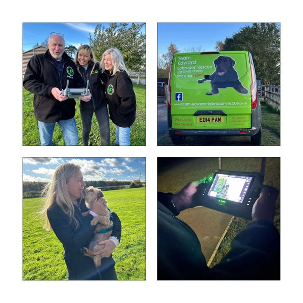 Team Edward Labrador Rescue members with equipment and dog.
