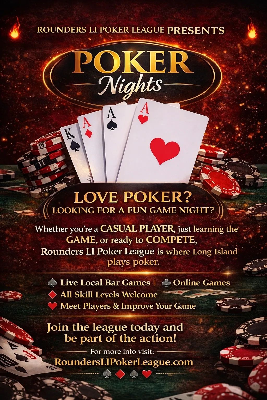 Poker Nights by Rounders LI Poker League invites all skill levels to join fun local and online poker games.