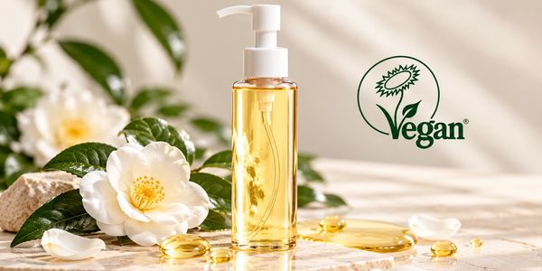 Vegan skincare oil bottle with white flowers.