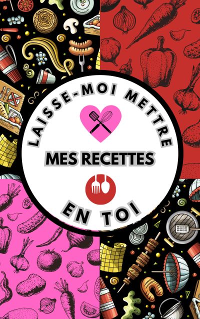 Colorful food-themed design with French text about sharing recipes.