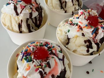 your favorite Leiby's ice cream and up to 2 toppings. All are topped with whipped cream & cherry