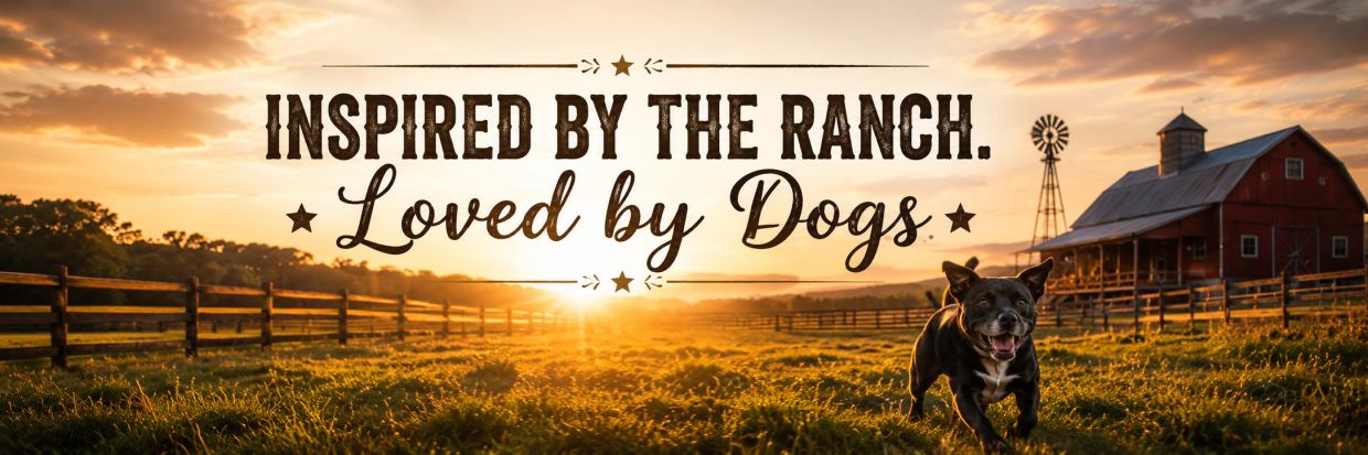 Happy dog running on a ranch at sunset with barn and windmill.