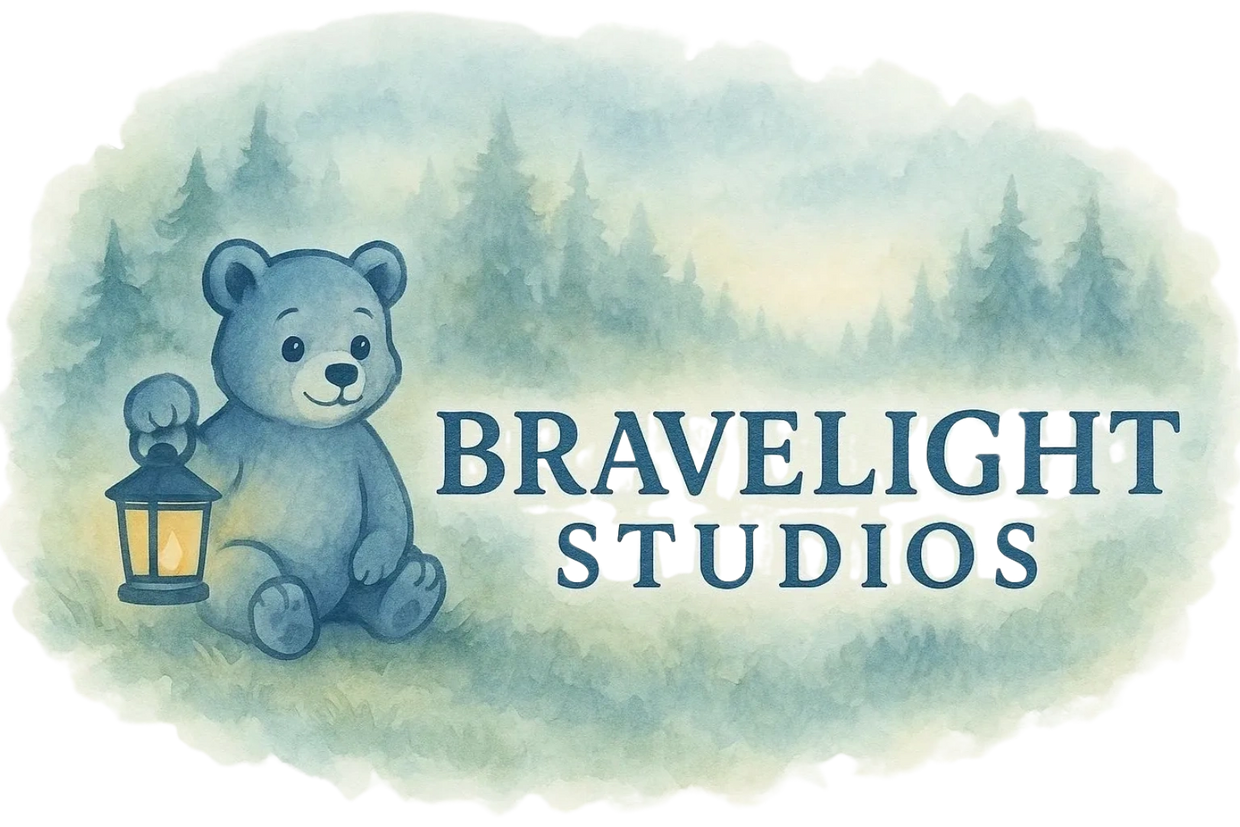 Logo for Brave Light Studios - bear cub with lantern in the woods, watercolor