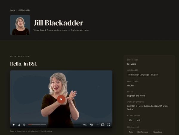 Profile of Jill Blackadder, a Visual Arts & Education Interpreter in Brighton and Hove.