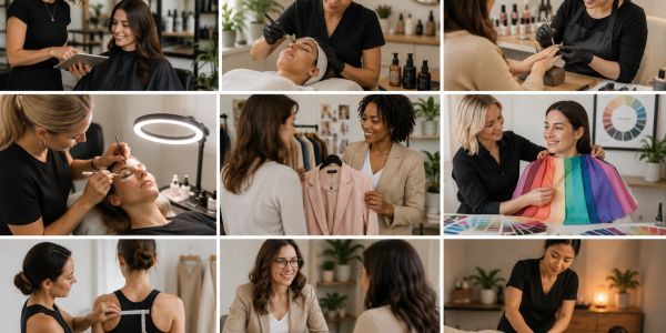 Collage of beauty and styling services in a salon.