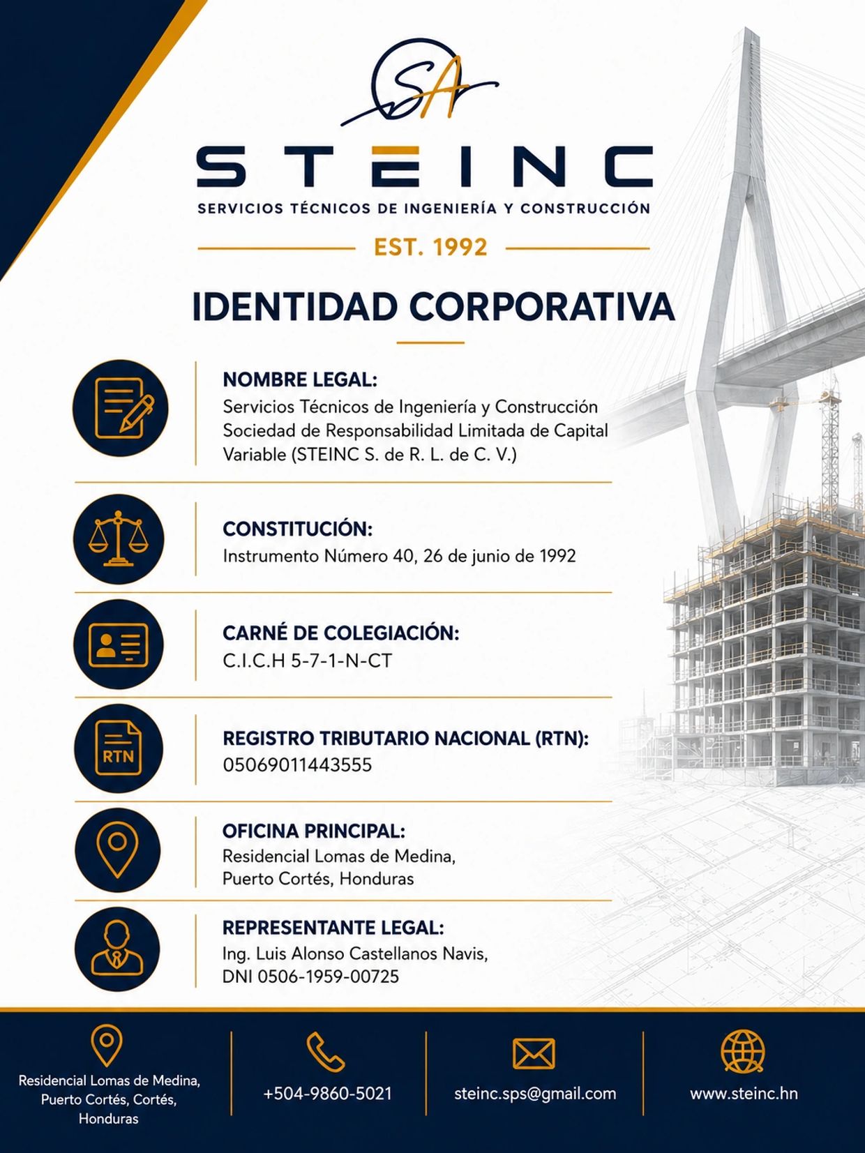 Corporate identity details for STEINC, an engineering and construction company in Honduras.