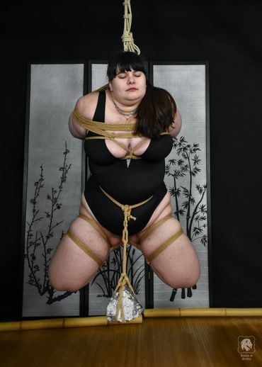Black background with B&W decorative screen, wood floor. Cait in a black bodysuit suspended upright.