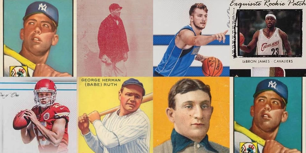 Collage of vintage and modern sports cards featuring baseball, basketball, and football players.