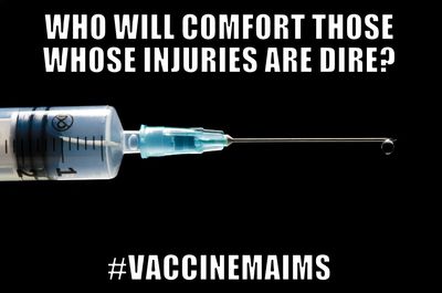 Syringe with message questioning vaccine safety and hashtag #VaccineMaims.