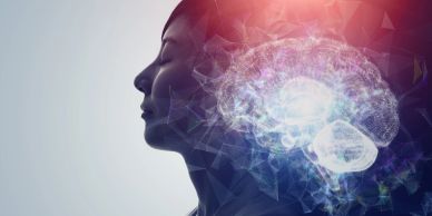 Profile of a woman with a glowing digital brain overlay.