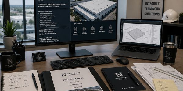 Professional workspace with architectural plans and roofing services presentation.