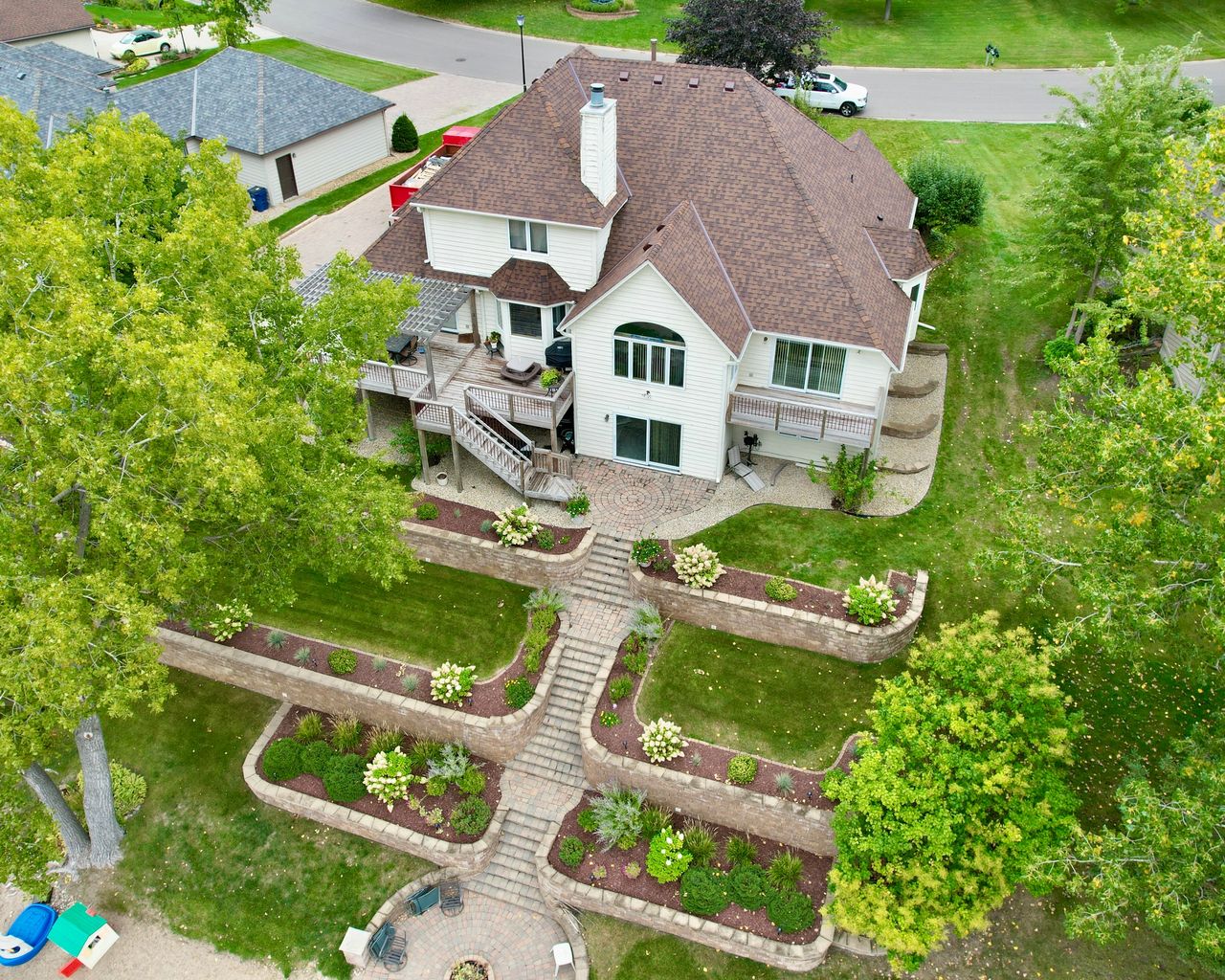 Aerial drone photo of completed Twin Cities asphalt roof replacement