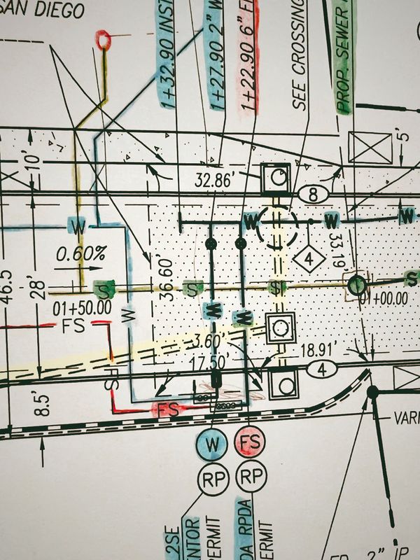 Infrastructure Plan Set showing water main service, sewer main, fire water service and storm drain, 