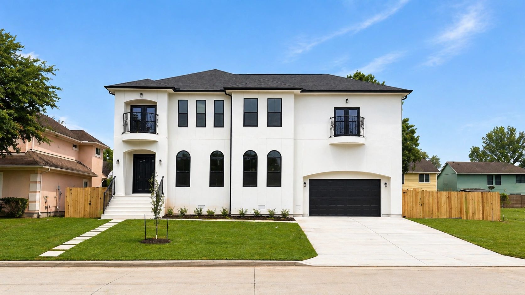 Modern two-story white house with black accents and balconies.