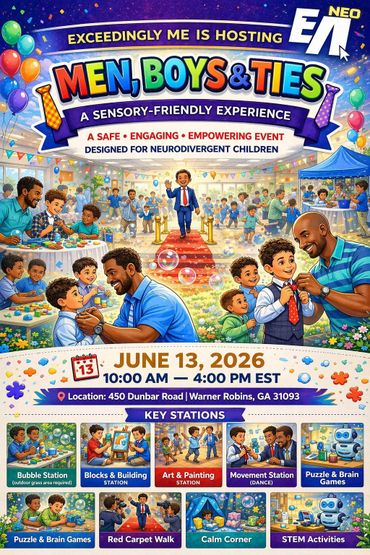 Colorful poster for a sensory-friendly event for neurodivergent boys with activities and red carpet walk.