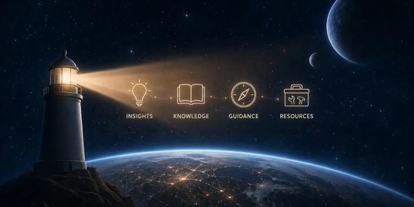 A lighthouse shining light over Earth with icons representing insights, knowledge, guidance, and resources.
