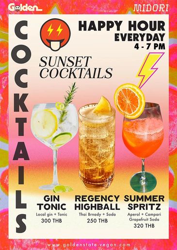 Colorful cocktail menu featuring Gin Tonic, Regency Highball, and Summer Spritz.
