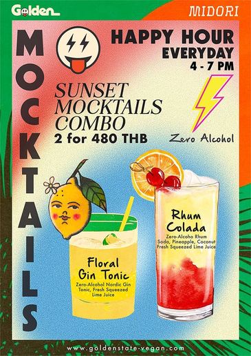 Happy hour mocktails combo with zero alcohol, 2 for 480 THB.